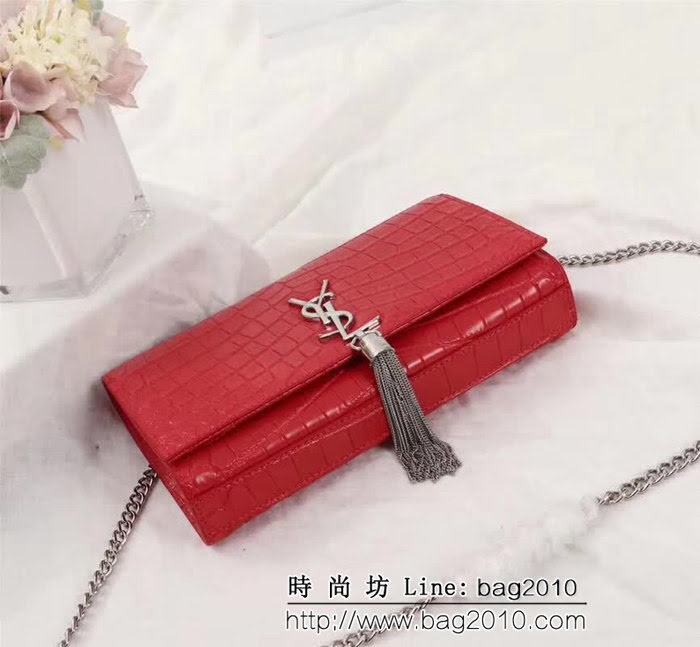 YSL聖羅蘭 經典銀扣 鱷魚紋牛皮 時尚流蘇包 311225 YAS1358